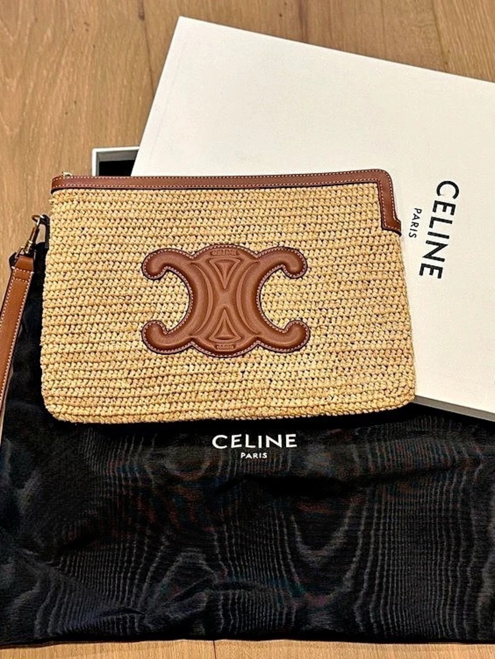 CELINE Raffia and Calfskin Triomphe Small Pouch with Strap